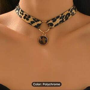 Women’s Leopard Print Choker Necklace Ribbon Chain Round Pendant Polychrome